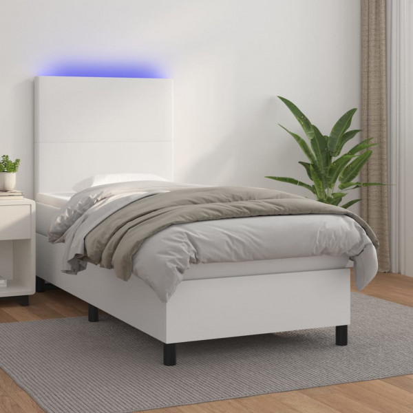 Cama box spring com colchão e couro sintético LED branco 100x200 cm D