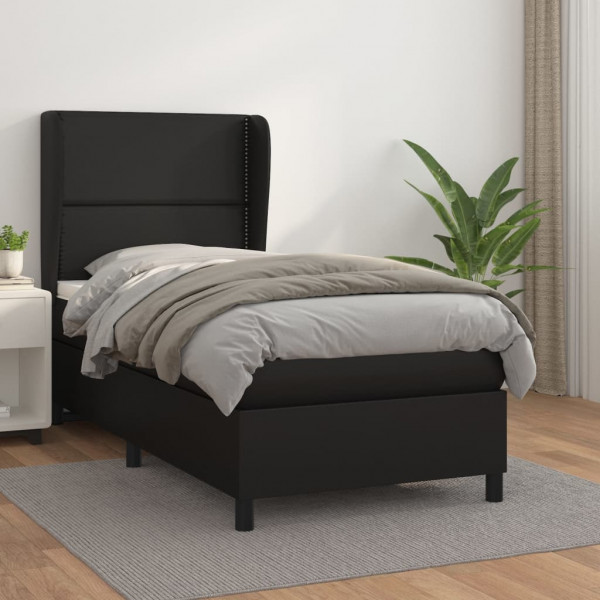 Cama box spring con colchón cuero sintético negro 80x200 cm D