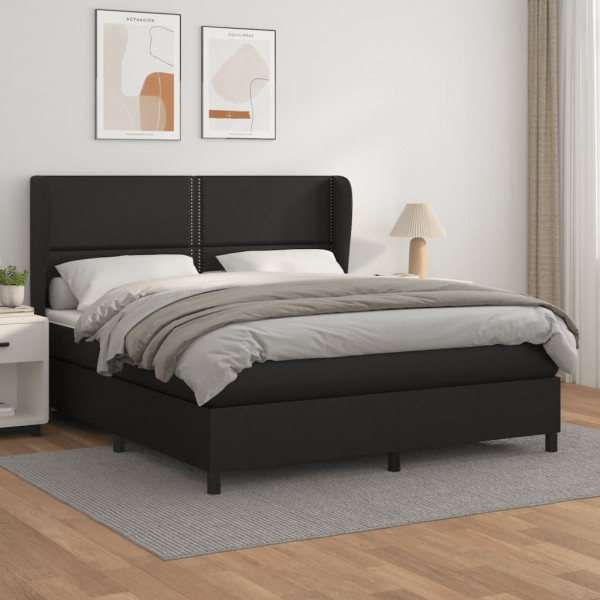 Cama box spring con colchón cuero sintético negro 160x200 cm D