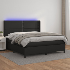 Cama box spring colchón y LED cuero sintético negro 160x200 cm D