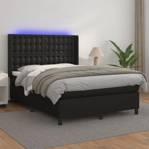 Cama box spring com colchão e couro sintético LED preto 140x190 cm D