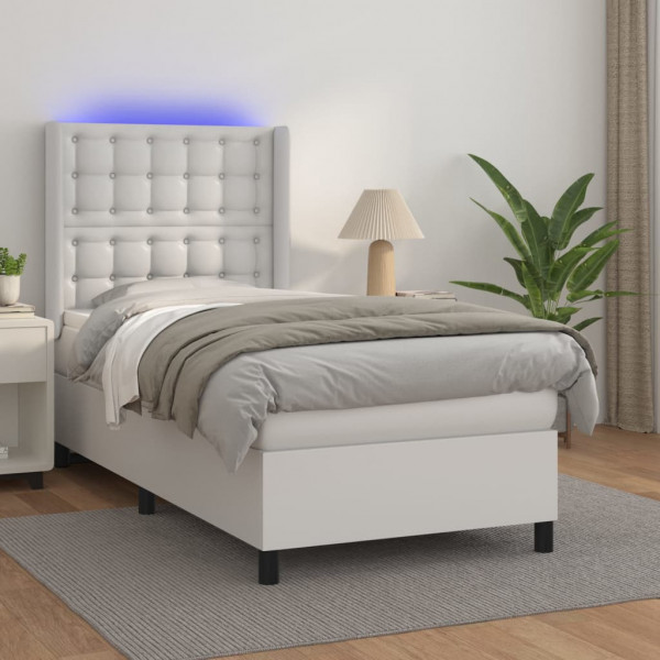Cama box spring e colchão LED couro sintético branco 90x190 cm D