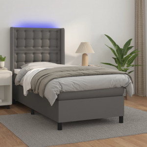 Cama box spring y colchón LED cuero sintético gris 90x200 cm D