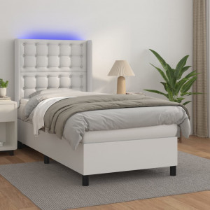 Cama box spring colchón y LED cuero sintético blanco 100x200 cm D