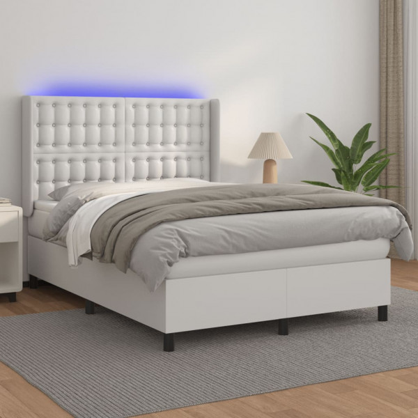 Cama box spring com colchão e couro sintético LED branco 140x190 cm D