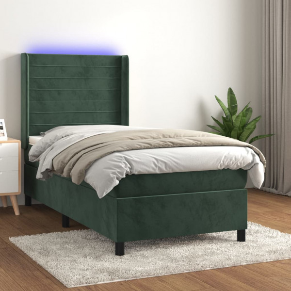Cama box spring colchão e LED veludo verde escuro 100x200cm D