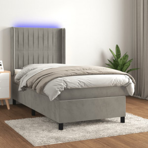 Cama box spring colchón y LED terciopelo gris claro 100x200 cm D