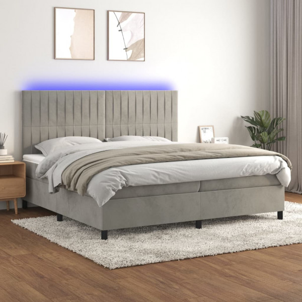 Cama box spring colchón y LED terciopelo gris claro 200x200 cm D