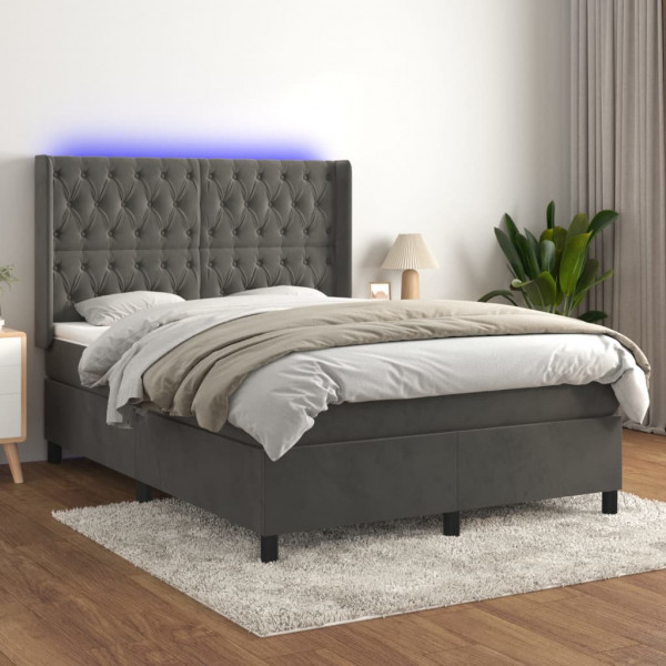 Cama box spring colchón y LED terciopelo gris oscuro 140x200 cm D