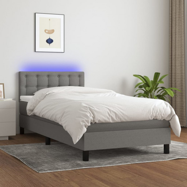 Cama box spring colchão e luzes LED tecido cinza escuro 90x200 cm D