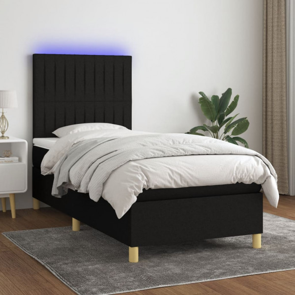 Cama box spring colchón y luces LED tela negro 90x190 cm D
