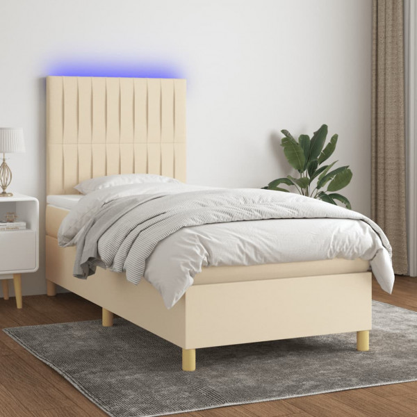 Cama box spring colchón y luces LED tela color crema 90x190 cm D