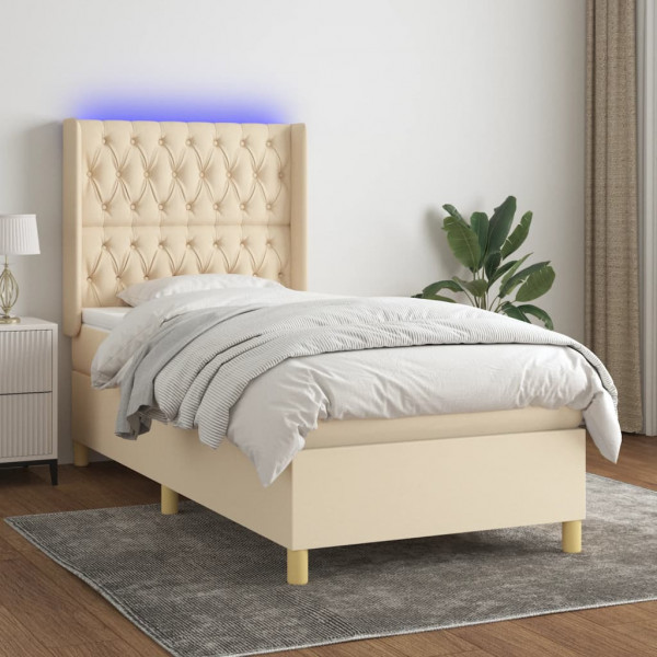 Colchão de cama box spring e luzes LED tecido creme 90x190 cm D