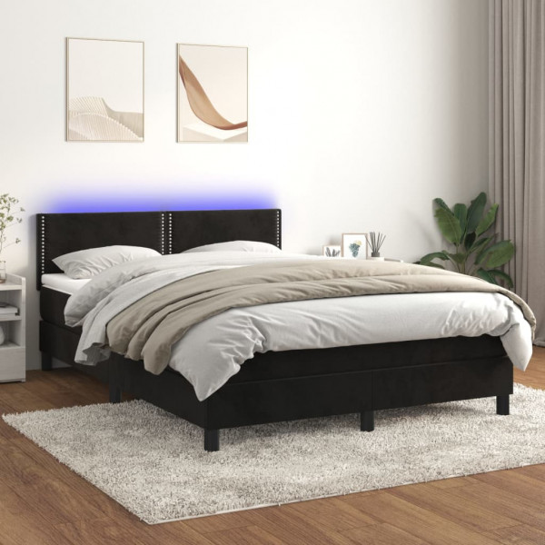Cama box spring colchón y LED terciopelo negro 140x190 cm D