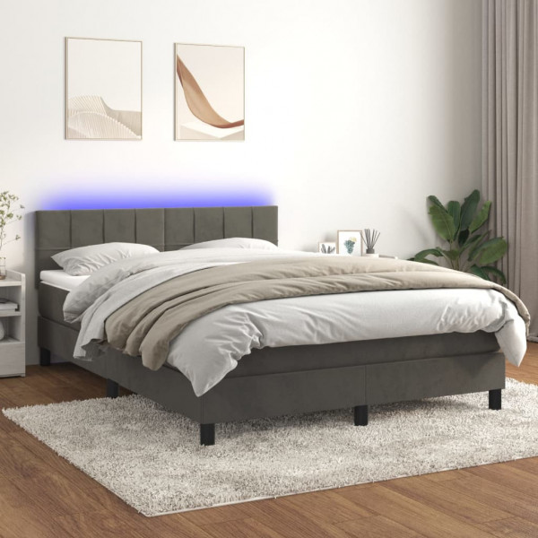 Cama box spring com colchão e veludo LED cinza escuro 140x190 cm D