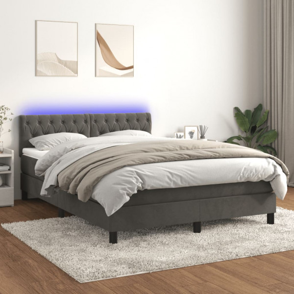 Cama box spring colchón y LED terciopelo gris oscuro 140x190 cm D