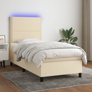 Cama box spring colchón y luces LED tela color crema 90x190 cm D