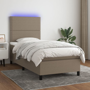 Cama box spring colchón y luces LED tela gris taupe 100x200 cm D