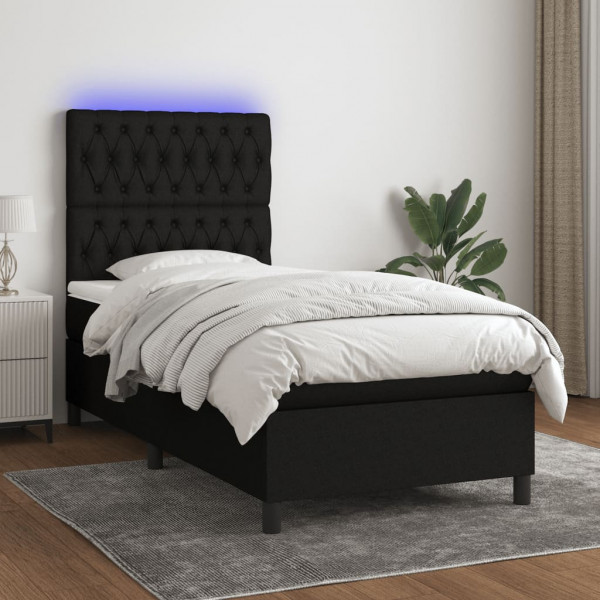 Cama box spring colchón y luces LED tela negro 90x190 cm D