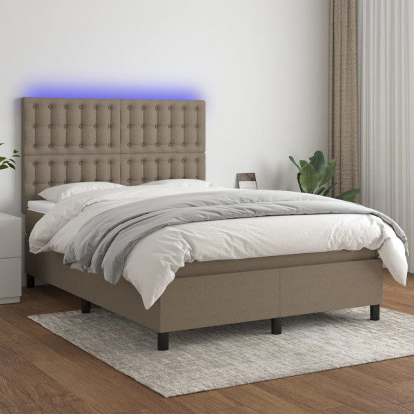 Cama box spring com colchão e luzes LED tecido cinza taupe 140x190 cm D