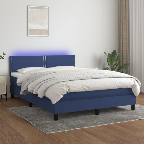 Cama box spring colchão e luzes LED tecido azul 140x190 cm D