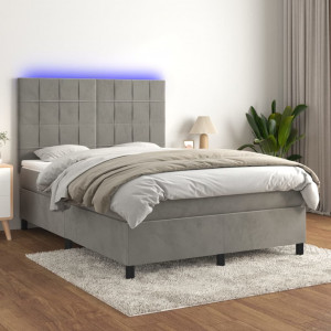 Cama box spring colchón y LED terciopelo gris claro 140x190 cm D