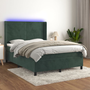 Cama box spring colchón y LED terciopelo verde oscuro 140x190cm D