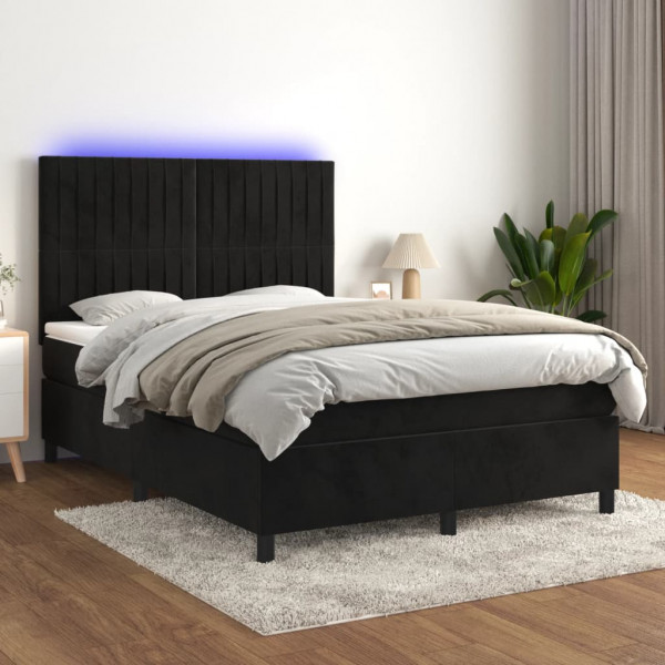 Cama box spring com colchão e veludo preto LED 140x200 cm D