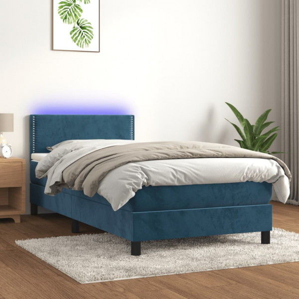 Cama box spring colchón y LED terciopelo azul oscuro 80x200 cm D
