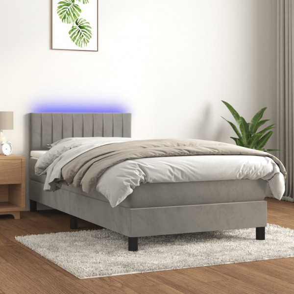 Cama box spring colchão e LED veludo cinza claro 80x200 cm D