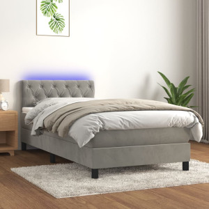Cama box spring colchón y LED terciopelo gris claro 80x200 cm D