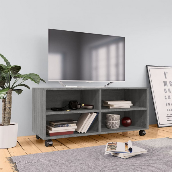 Mueble de TV con ruedas madera contrachapada gris 90x35x35 cm D