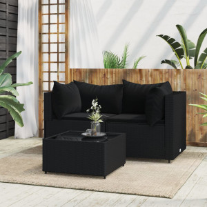 Set de muebles de jardín 3 pzas y cojines ratán sintético negro D