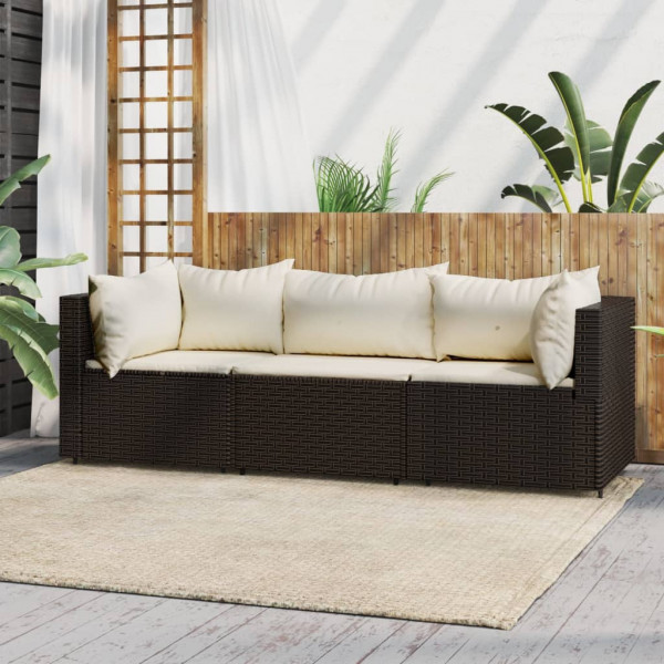 Set muebles de jardín 3 piezas y cojines ratán sintético marrón D