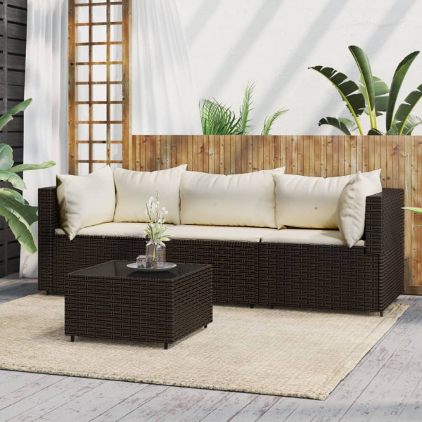 Set muebles de jardín 4 piezas y cojines ratán sintético marrón D