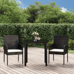 Set comedor de jardín 3 pzas con cojines ratán sintético negro D