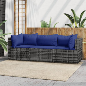 Set de muebles de jardín 3 pzas y cojines ratán sintético gris D