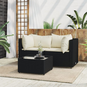 Set de muebles de jardín 3 pzas y cojines ratán sintético negro D