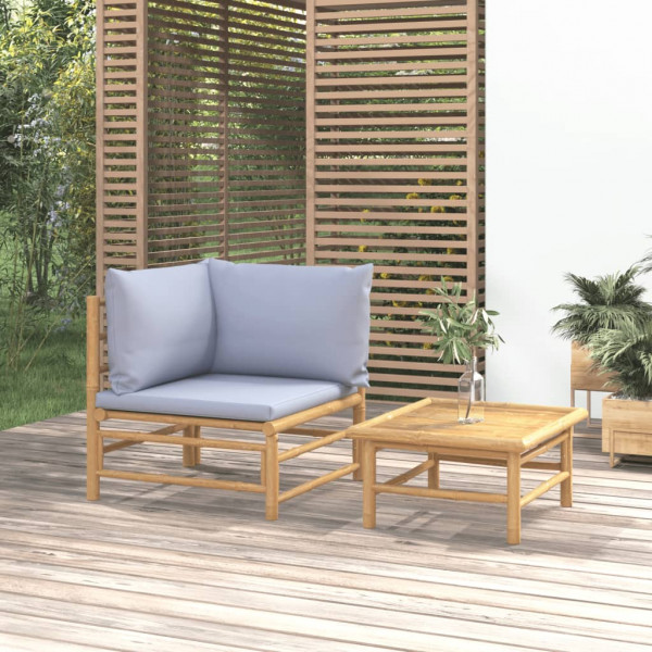 Set de mobília de jardim 2 peças de bambu e almofadas cinza claro D