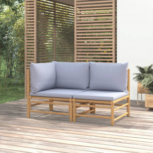 Set de muebles de jardín 2 piezas bambú y cojines gris claro D
