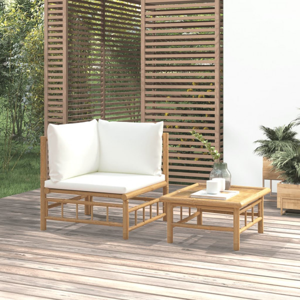 Conjunto de móveis de jardim com 2 peças de bambu e almofadas brancas creme D