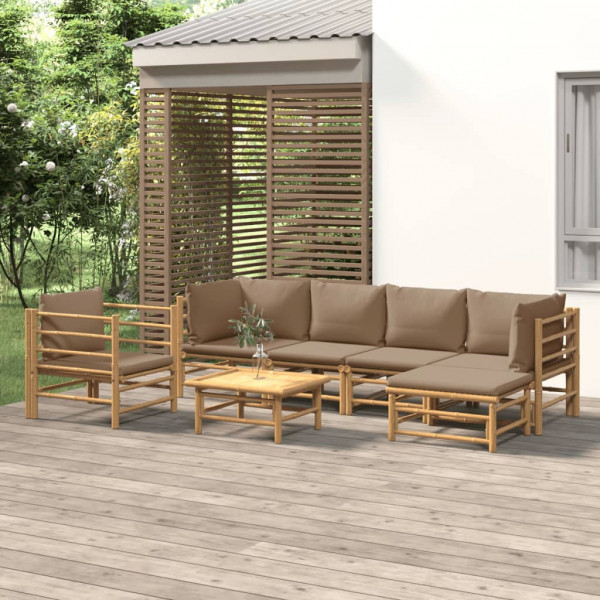 Set de mobília de jardim 7 peças de bambu e almofadas cinza-taupe D