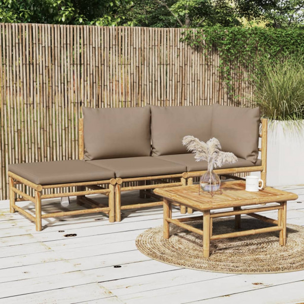 Conjunto de mobília de jardim 3 peças de bambu e almofadas cinza taupe D