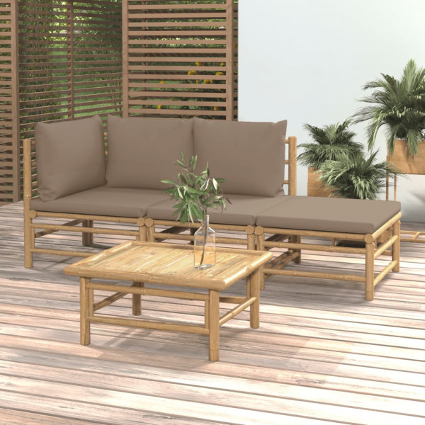 Set de muebles de jardín 4 piezas bambú y cojines gris taupe D