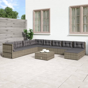 Set de muebles de jardín 9 pzas y cojines ratán sintético gris D