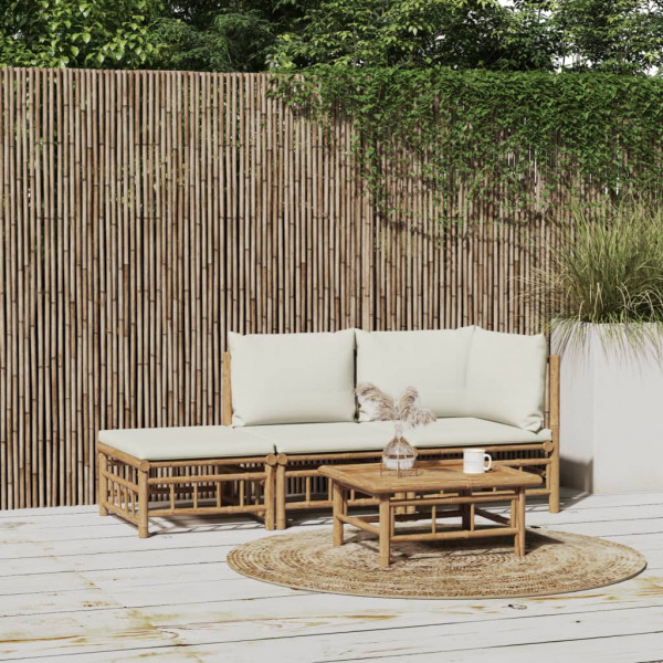 Conjunto de móveis de jardim com 3 peças de bambu e almofadas brancas creme D