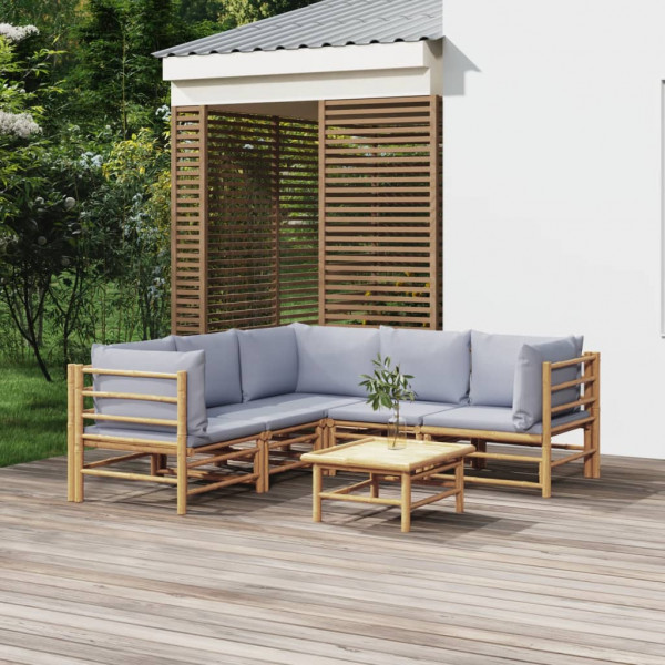 Conjunto de mobiliário de jardim 6 peças de bambu com almofadas cinza claro D