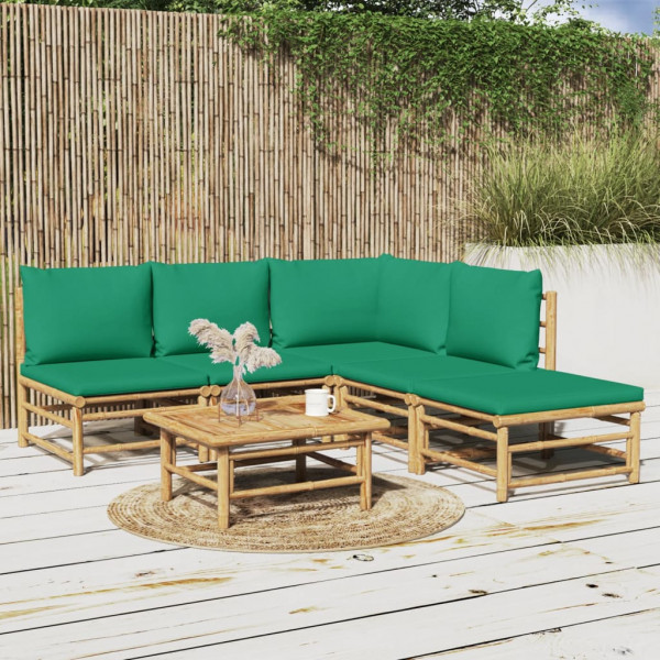 Conjunto de móveis de jardim de bambu de 6 peças com almofadas verdes D