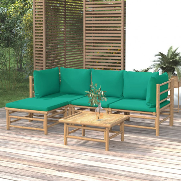 Conjunto de mobília de jardim 5 peças de bambu com almofadas verdes D