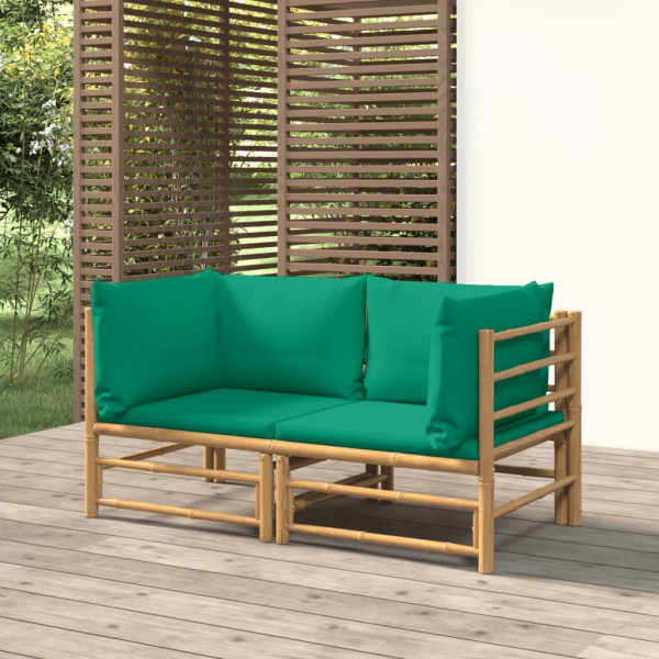 Sofas de jardim 2 dormitórios de bambu com almofadas verdes D